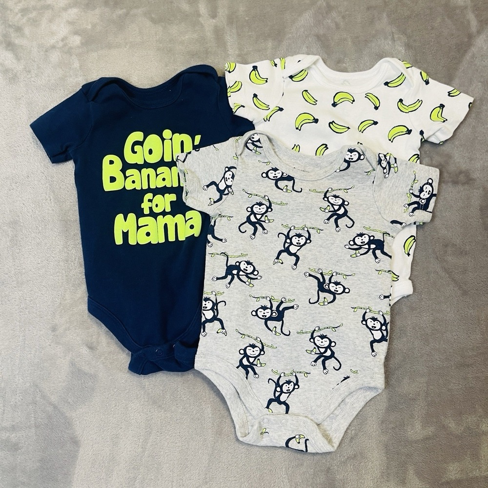 Members Mark Baby Boy Set Of 3 Cotton Snap Bodysuits 3-6 Months Monkey Banana